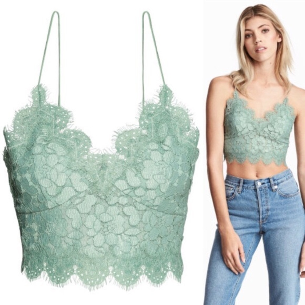 H&M Light Green Lace Bustier Crop Top Sz 8